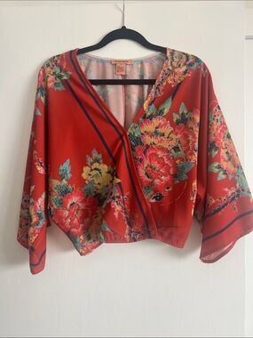 Red Floral Wrap-Style Women's Top